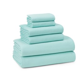 TOWN & COUNTRY BASICS 6-Piece Assorted Waffle Woven Terry Stripe Set, 2 Bath Towel, 2 Hand Towel, 2 Washcloth, 100% Cotton, Quick Dry, Aqua
