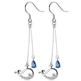 Whale Dangle Earrings S925 Sterling Silver Blue Crystal Water Drop Charm CZ Cute Fish Dangle Threader Earring Fashion Jewelry for Women Girls BFF, White Gold