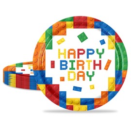 MORAINJAY 16Pcs Party Plates,Building Blocks Paper Plate,9inch Colorful Building Blocks Themed Plates for Kids,Table Decorations for Boys Girls Birthday Party Supplies for 16 Guests