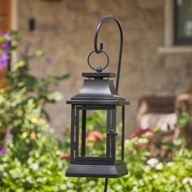 Luminara Heritage Lantern & Shepherd's Hook Hanger - Metal & Glass Plastic Free - No Batteries - Use w/Luminara Outdoor Flameless Flickering Candles Sold Separately - 12" x 6" x 38" - Black