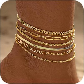 6 PCS Gold Ankle Bracelets for Women, Plated Gold Layered Anklet Set Waterproof Herringbone Paperclip Beaded Figaro Cuban Link Chain Beach Stackable Anklet Bracelet Jewelry Gift for Women - Style: 4Pcs-A0133 Ankelt Set-GD