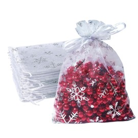 100pcs Christmas Organza Gift Bags,7x9cm White Organza Bags with Silver Snowflakes,Small Wedding Jewelry Pouches with Drawstring,Mesh Candy Favour Bag Party Sweet Bags for Christmas,Gift Wrapping