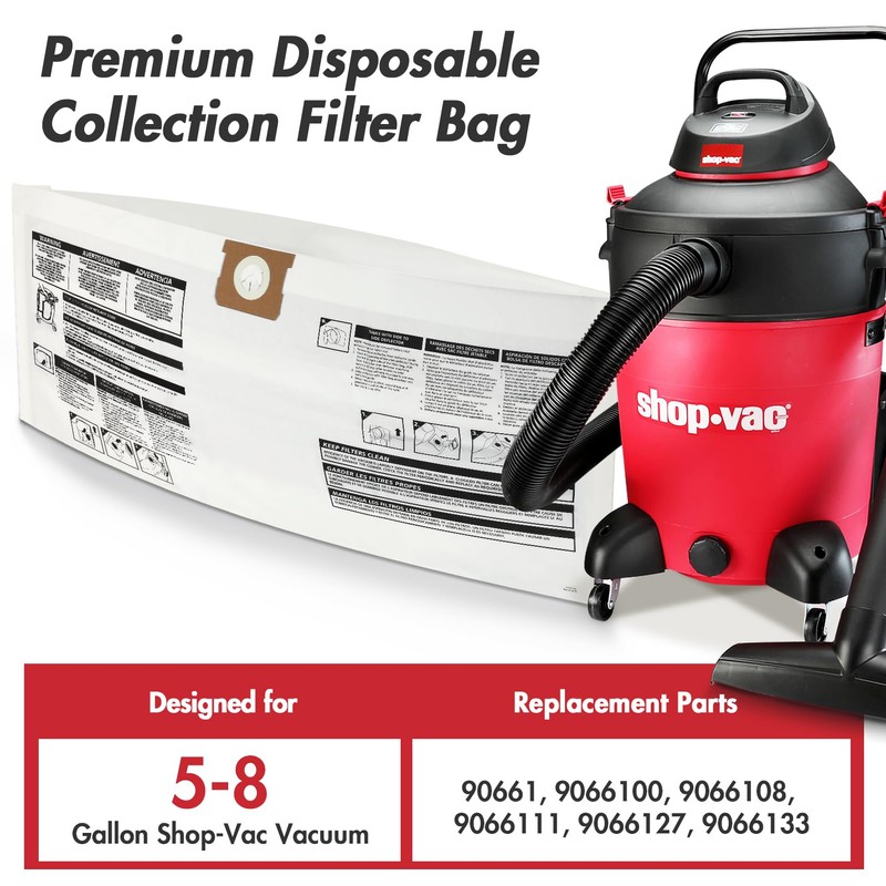 Shop-Vac 9066133 Disposable Filter Bags, Fits 5-8 Gallon Vacs, For