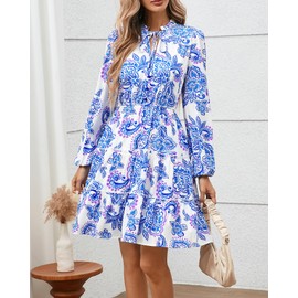 BTFBM Women Fall Dresses 2025 Floral V Neck Long Sleeve Tiered Ruffle Boho Swing Flowy A-Line Mini Dresses Vacation(White Blue Floral,Large)