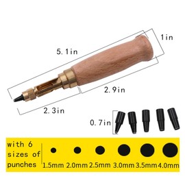 Adjustable Screw Hole Punch Automatic Hole Punch Tool with Wood Color Wooden Handle Bookbinding Tool Leather Hole Punch with 6 Tips Size 1.5mm/2mm/2.5mm/3mm/3.5mm/4mm