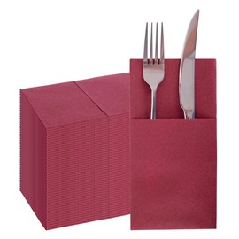 Disposable Cloth Like Napkins Built-in Flatware Pocket, PHUNAT 50PCS Pocket Napkins, Prefolded for Silverware, Wedding Party Linen Feel Ruby Color Napkins, Airlaid Quality Napkins 40 * 40cm