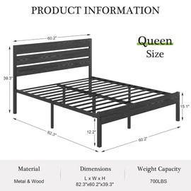 VECELO Queen Bed Frame with Wooden Headboard and Footboard, Heavy-Duty Platform Frames with Metal Slats Support System, 12 inch Under-Bed Storage, No Box Spring Needed, Rustic Black