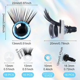 HINZIC 64PCS 12MM Toy Eyes with Eyelash Mix Color Safety Doll Eyes Glitter Stuffed Animal Plastic Craft Eyes Valentines Wedding Birthday for DIY Tedding Puppet Bear Crocheting