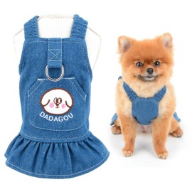 SMALLLEE_LUCKY_STORE Dog Denim Harness Dress, Cute Pocket Puppy Overall Dress for Small Medium Dog Cat Girls Adjustable Pet Jean Skirt with D-Ring Female Dog Clothes Summer Apparel,Dark Blue,S