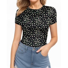 MANGOPOP Women's Round Neck Short Sleeve Bodysuit T Shirts Basic Body Suit Tops Daisy M