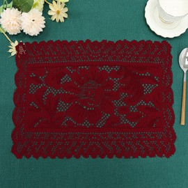 Jayla 2 Pcs Rectangle Lace Placemats for Tables Embroidered Lace Tablemats Vintage Crochet Floral Lace Table Runner Vintage Wedding, Tea Party Decor,Red,12x17 Inch