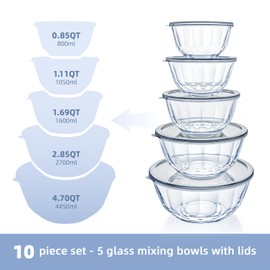 WhiteRhino Glass Mixing Bowls with Lids Set of 5（4.70QT,2.85QT, 1.69QT,1.11QT,0.85QT,Glass Bowls with Lids,Large Salad Bowls Space-Saving Nesting for Cooking,Baking,Prepping,Dishwasher Safe