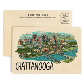 Chattanooga, Tennessee, Line Drawing (4x6 Birch Wood Postcards, 2-Pack Stationary, Rustic Home Wall Decor)