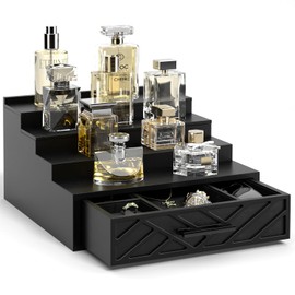 Cologne Organizer for Men, 4 Tier Stand With Velvet Lining Drawer and Hidden Compartment, Wood Perfume Shelf, Display Holder for Watch Jewelry, Great Gifts for Men