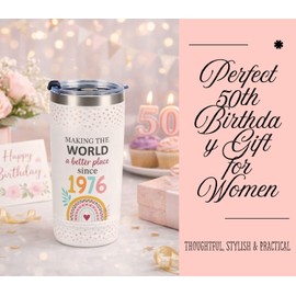 COOZEO 50th Birthday Gifts for Women, Her - 21 with 29 Years Experience - 20 oz/590 ml Stainless Steel Insulated Tumbler with Straw - Cool 1976 Gifts for Turning 50-Year-Old Woman - (Beige)