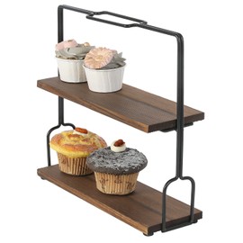 MyGift Rustic 2 Tier Cupcake Dessert Serving Stand, Burnt Brown Wood and Matte Black Metal Rectangular Food Display Rack Pastry Holder