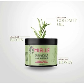 Mielle Organics Rosemary Mint Strengthening Hair Masque, Tratamiento Profundo de Aceite Esencial y Biotina, Reparación Milagrosa para Cabello Seco, Dañado y Frizz, 12 Onzas
