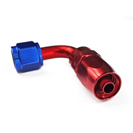 Aluminium Fitting 90Á Connector in AN6, Dash6, D-06, 9/16 Inch 18UNF Screw Connector - Anodised Aluminium in Red/Blue