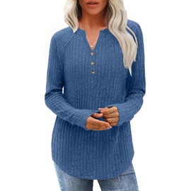 XMTOPYE Womens Long Sleeve Tops Tunic Casual V Neck Shirts Basic Tees Fall Fashion Sweaters Trendy Loose Fit Ladies Cute Clothes Blue