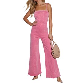 Women's Casual Denim Jumpsuit Sleeveless Adjustable Strap Stretchy Flare Jeans Long Pants Rompers (X-Large,Rose Red)