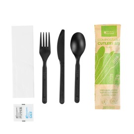 Restaurantware-Basic Nature 6.25 x 2.7 x 1.2 Inch Cutlery Set, 250 Disposable Utensil Packs - With Napkin And Salt/Pepper Packets, Black Plastic Flatware Kits, Individually Wrapped