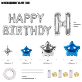 CANREVEL Happy Birthday Banner 13pcs 16 Inch Mylar Foil Letters Sign with 8pcs Star Balloons & LED Lights Birthday Party Decorations for Kids and Adults - 3D Silver Blue