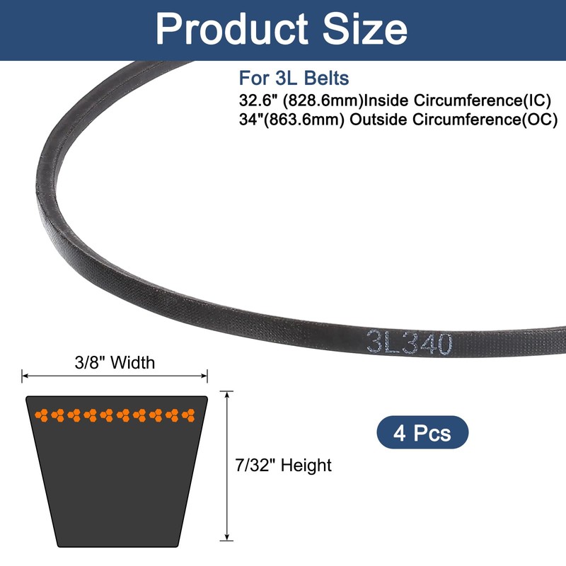 sourcing map 4 Pcs 3L340 Classic Wrapped Rubber V-Belt, 34"(864mm)