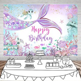 Mocsicka Mermaid Birthday Backdrop Under The Sea Birthday Background Purple Teal Little Mermaid Girl Birthday Party Decorations Banner Photo Studio Props (7x5ft)