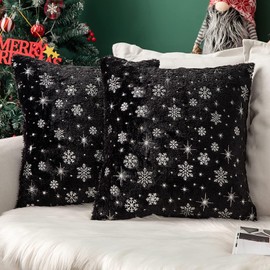 MIULEE Christmas Cushion Covers, Cuddly Cushion, Fluffy Snowflakes, Decorative Cushion, Sofa Cushion, Plush Cushion, Fur Cushion, Couch Cushion Cover for Living Room, 45 x 45 cm, Black Set of 2