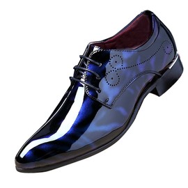 Men Fashion Dress Business Shoe Pointed Toe Floral Patent Leather Lace Up Oxford Black Brown Red Grey, Blue, 8