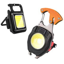 GOIOJ 2PCS 6 in 1 COB Keychain Mini Work Light Flashlight Multifunction Portable Pocket 500 Lumens Flashlight with Electric Lighter, Seat Belt Cutter, Screwdriver, Whistle (Orange)