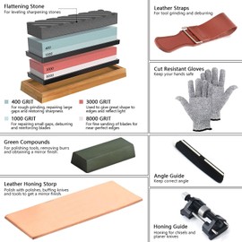 Knife Sharpening Stone Set, 4 Side KitGrit 400/1000/3000/8000 Waterstone, Whetstone Sharpener Set with Non-Slip Bamboo Base, Cut Resistant Gloves, Flatting Stone, Angle Guide & Leather Strop
