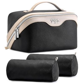 BOYATU Travel Makeup Bag Organizer Cosmetic Bag: 3 Pcs Set Make up Bags for Women with Handle - Waterproof Vegan Leather Toiletry Bags Travel Essentials Pouch with Compartments (A-01-Black)