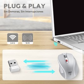 TERPORT F20 Mouse Inalámbrico, Ratón Game Ergonómico de 2.4G para Computadora con 5 Niveles de DPI Ajustables, Ratones USB Móviles de 2400DPI de Juegos Computadora Portátil, Compatible con PC (plata)