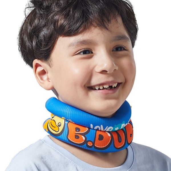 VELPEAU Neck Support Kids Neck Pillow Cervical Collar B.Duck Cute Duck Pattern for Kids, Students, Storage Pack Included - Blue, XS