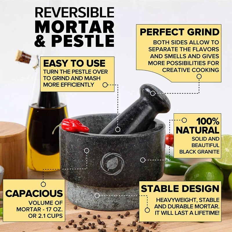 Laevo Mortar and Pestle Large Set - Black Granite Stone