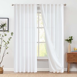 jinchan Linen Blend White Curtains 108 Inches Extra Long for Living Room Farmhouse Rod Pocket Back Tab Light Filtering Window Drapes with Lined for Bedroom Off White 2 Panels