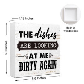 WUZYOU Dark Humor Kitchen Sign, The Dishes Are Looking At Me Dirty Again Wooden Block Sign 5x5x1 INCH, Kitchen Decor and Accessories, Millennial Housekeeping Humor Sign