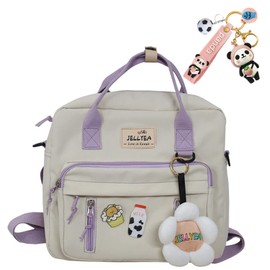 JELLYEA Kawaii Backpack for Teen Girls Tote Bag with Flower Accessories Bear Keychain Cute School Middle Elementary Bookbags (White)