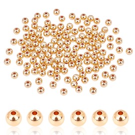PH PandaHall 5mm 14K Gold Plated Beads, 150pcs Smooth Round Bead Long-Lasting Plated Small Spacers Seamless Ball Beads for Summer Hawaii Stackable Necklace Bracelet Jewelry Crafts Making