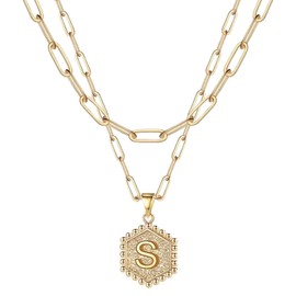 JeeweLife S Initial Necklaces 18K Gold Plated Layered Paperclip Chain Hexagon Letter Pendant Chunky Gold Necklaces for Women, Initial S