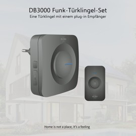 ELRO DB3000 Wireless Doorbell Set, Plug-in Receiver for Socket, Waterproof, 300 m Range, 64 Melodies, Black, Plug with Plug-In Plug