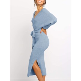 Chang Yun Women's Long Maxi Sweater Dresses Sexy Wrap Batwing V Neck Slit Open Back Holiday Bodycon Dress with Belt