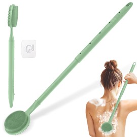 GEENOA Adjustable Silicone Back Scrubber for Shower, 16''- 24'' Extendable Shower Back Scrubber for Rich Foam, 5-Length Back Brush Bath Brush with Dual-Side Head and Super-Lathering Bristles(Green)