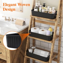 Lifewit Black Toilet Paper Basket with Handle, Plastic Wicker Toilet Basket Tank Topper for Decor, Small Back of Storage Organizer Bin for Bathroom