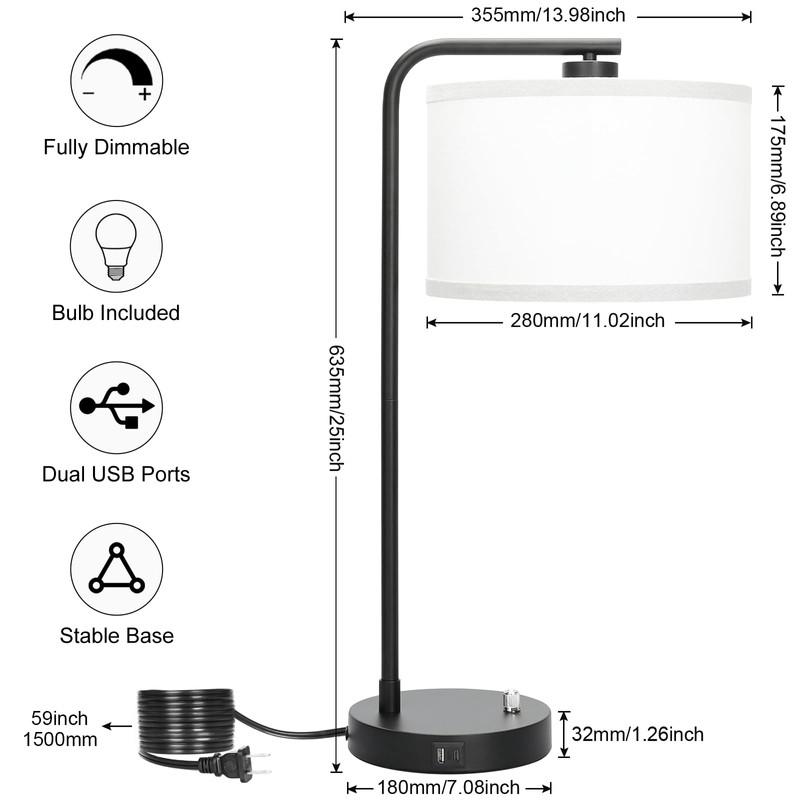 Table Lamp for Bedroom with USB C+A Ports, Fully Stepless