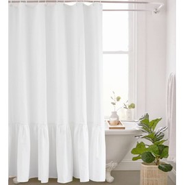 Felisa White Farmhouse Boho Long Shower Curtain with A Ruffle Hem 72x78 inch, Linen Blend Shower Curtain for Bathroom