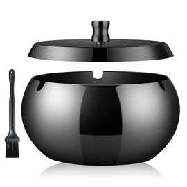 Geoyien Ashtray with Lid, Ashtray for Outdoor Use, Ashtray with Cleaning Brush, Windproof, Odourproof, Washable, Stainless Steel Ashtray for Living Room, Gardens, Offices, Balconies (Black)