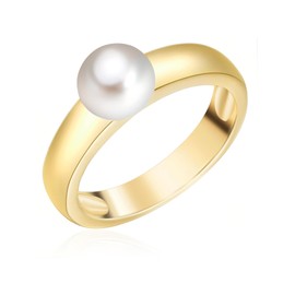 Valero Pearls Women's Pearl Ring 925 Sterling Silver Yellow Gold-Plated with Freshwater Cultured Pearl Button 6-7 mm White - Silver Ring Gold with Real Pearl, 925/000 sterling silver, Pearl