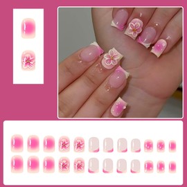 Square Press On Nails Short Fake Nails Nude Pink Gadient Nails Press Ons With 3D Flower Designs French Tip False Nails Artificial Glue On Nail Full Cover Glossy Stick On Nail For Women